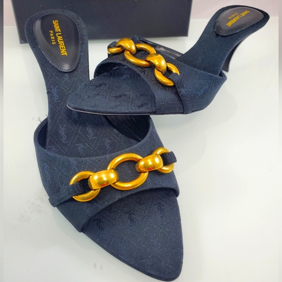 NWT$1050 Saint Laurent YSL Logo Maillon Gippy Chain Heel Slide Sandal Mule Sz 37 - Picture 12 of 17